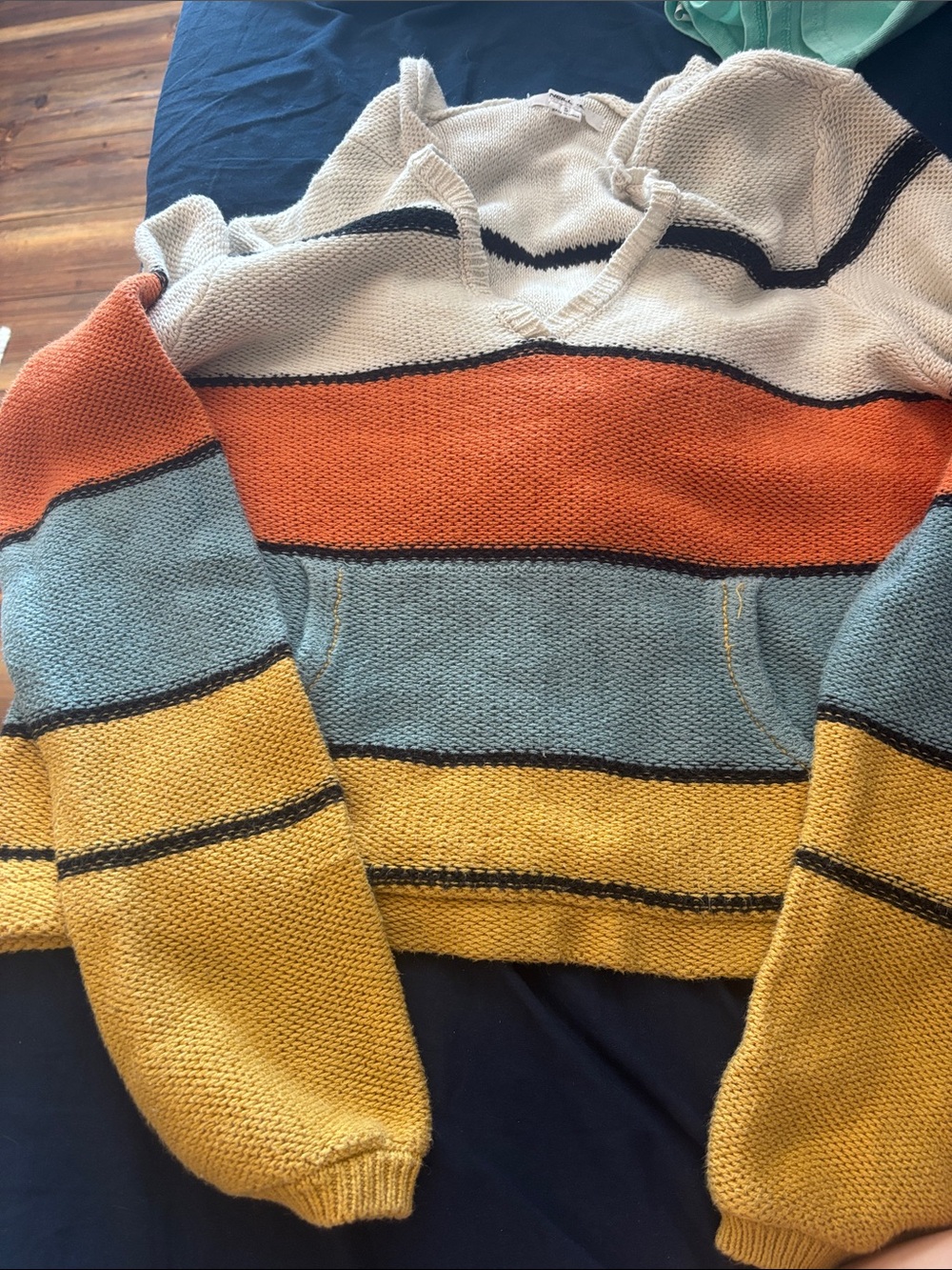 Women’s Striped Knit Pullover Hoodie - Cream, Orange, Blue, Yellow